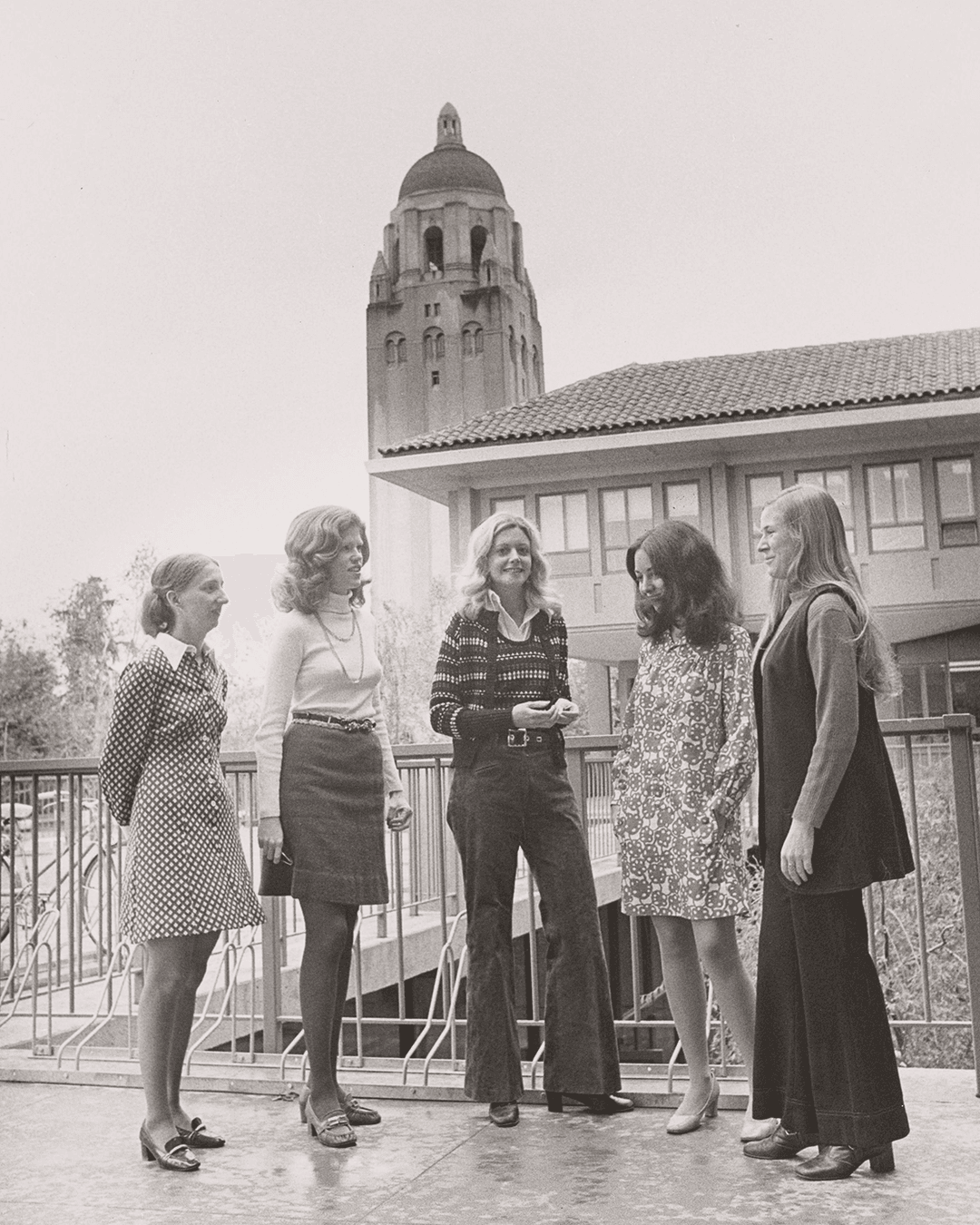 Women in front of the Hoover Tower in the 1970s